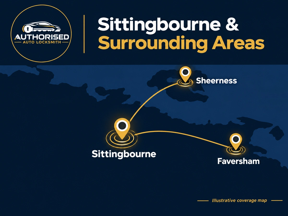 Auto locksmith coverage area around Sittingbourne, Faversham and Sheerness