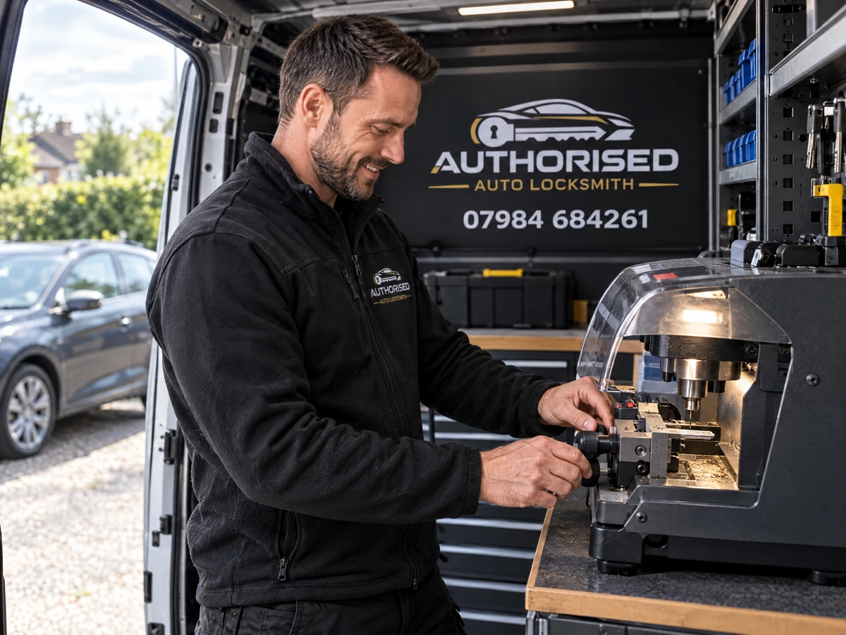 Auto locksmith cutting a replacement car key on site in Essex
