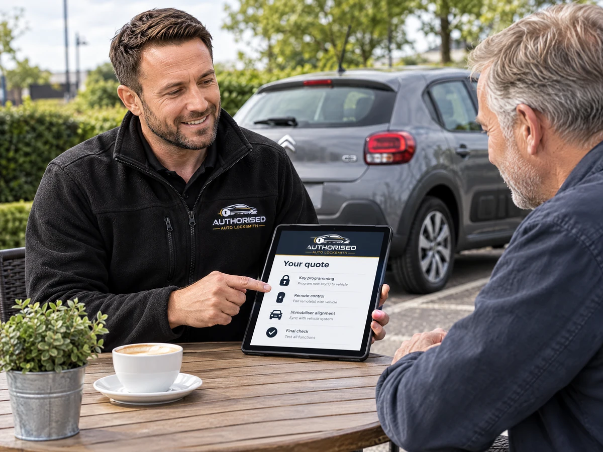 Auto locksmith giving a Citroën owner a clear quote