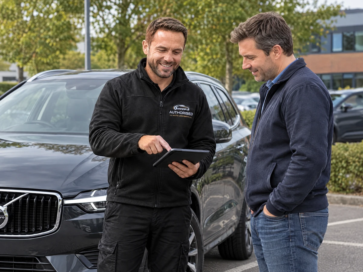 Auto locksmith giving a Volvo owner a clear quote