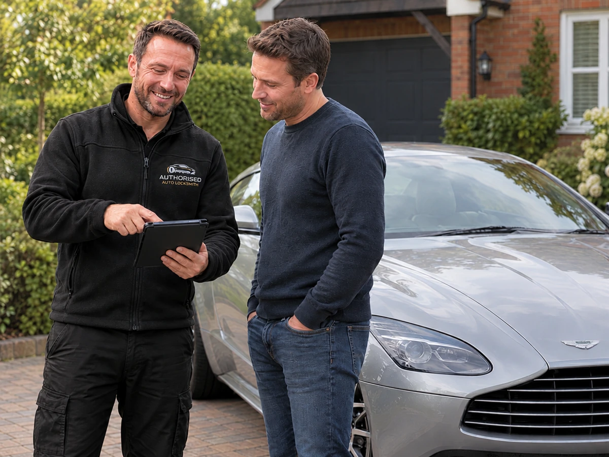 Auto locksmith giving an Aston Martin owner a clear quote