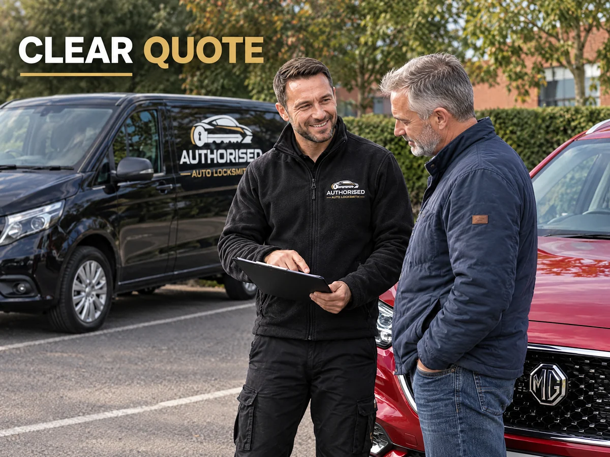 Auto locksmith giving an MG owner a clear quote