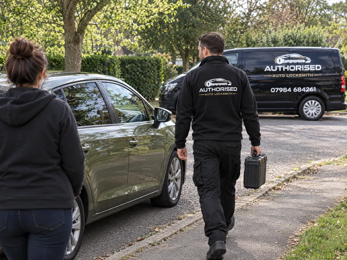 Auto locksmith in Benfleet arriving at a customer car on a street in Castle Point