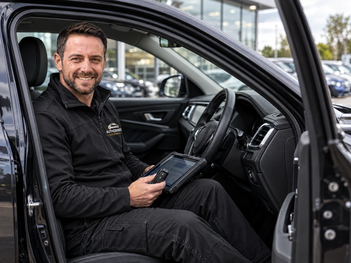Auto locksmith programming a key on a dealership forecourt