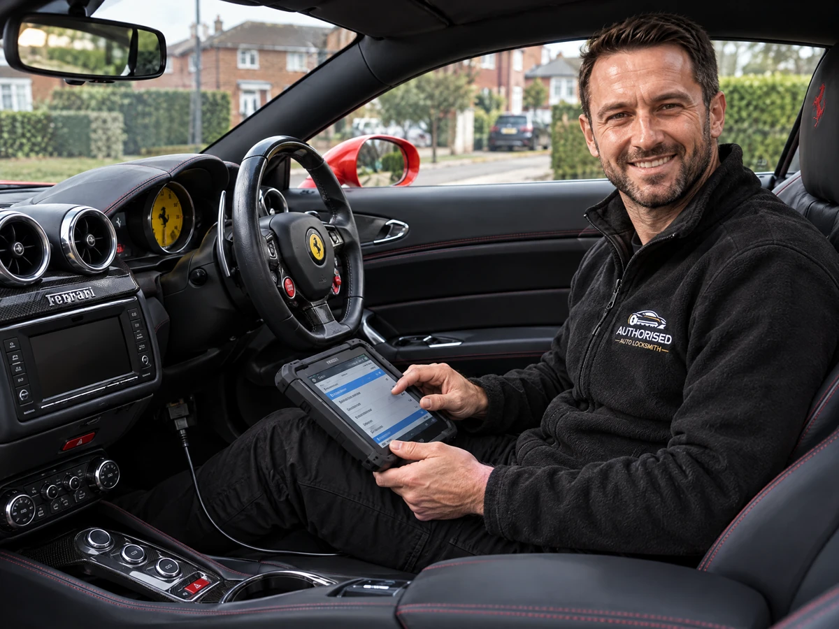 Auto locksmith programming a new Ferrari key after all keys were lost