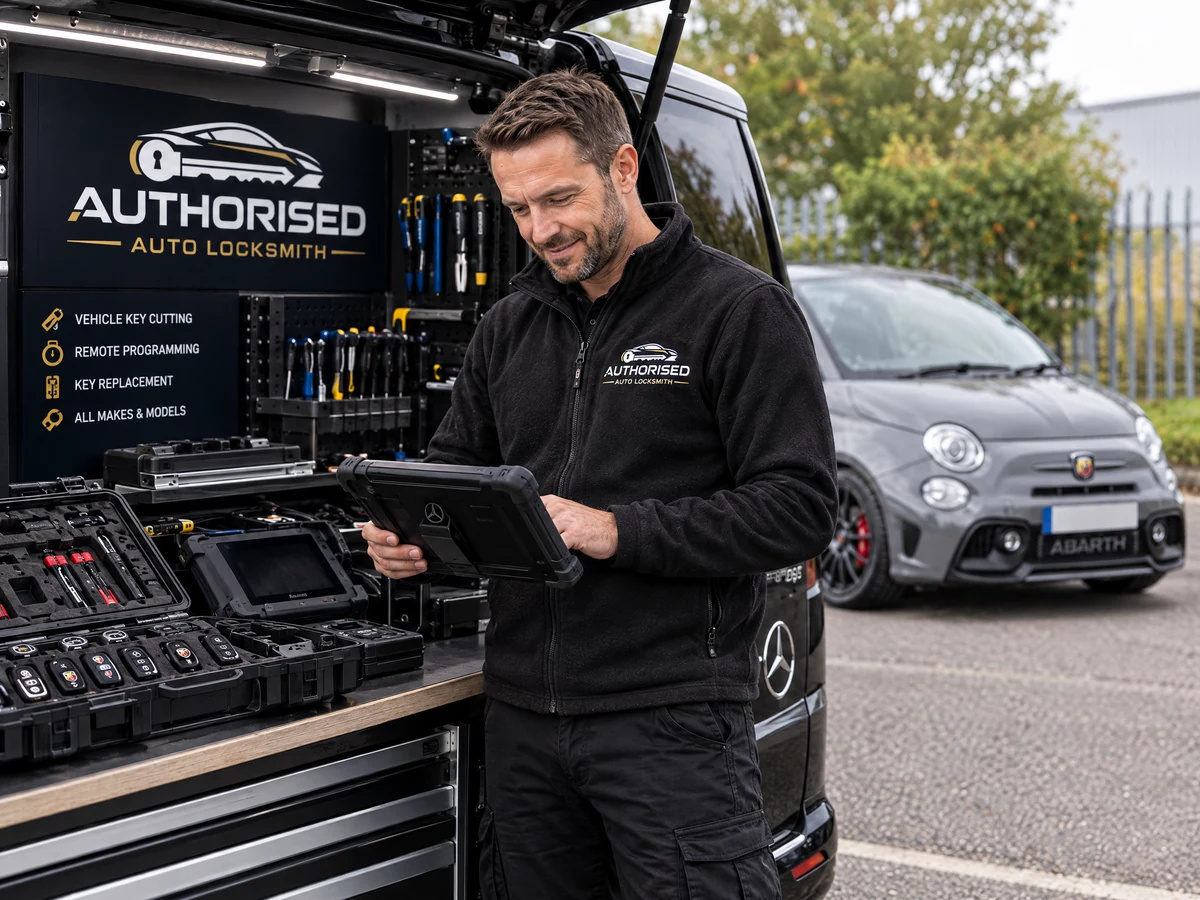 Auto locksmith technician with tools for an Abarth key job