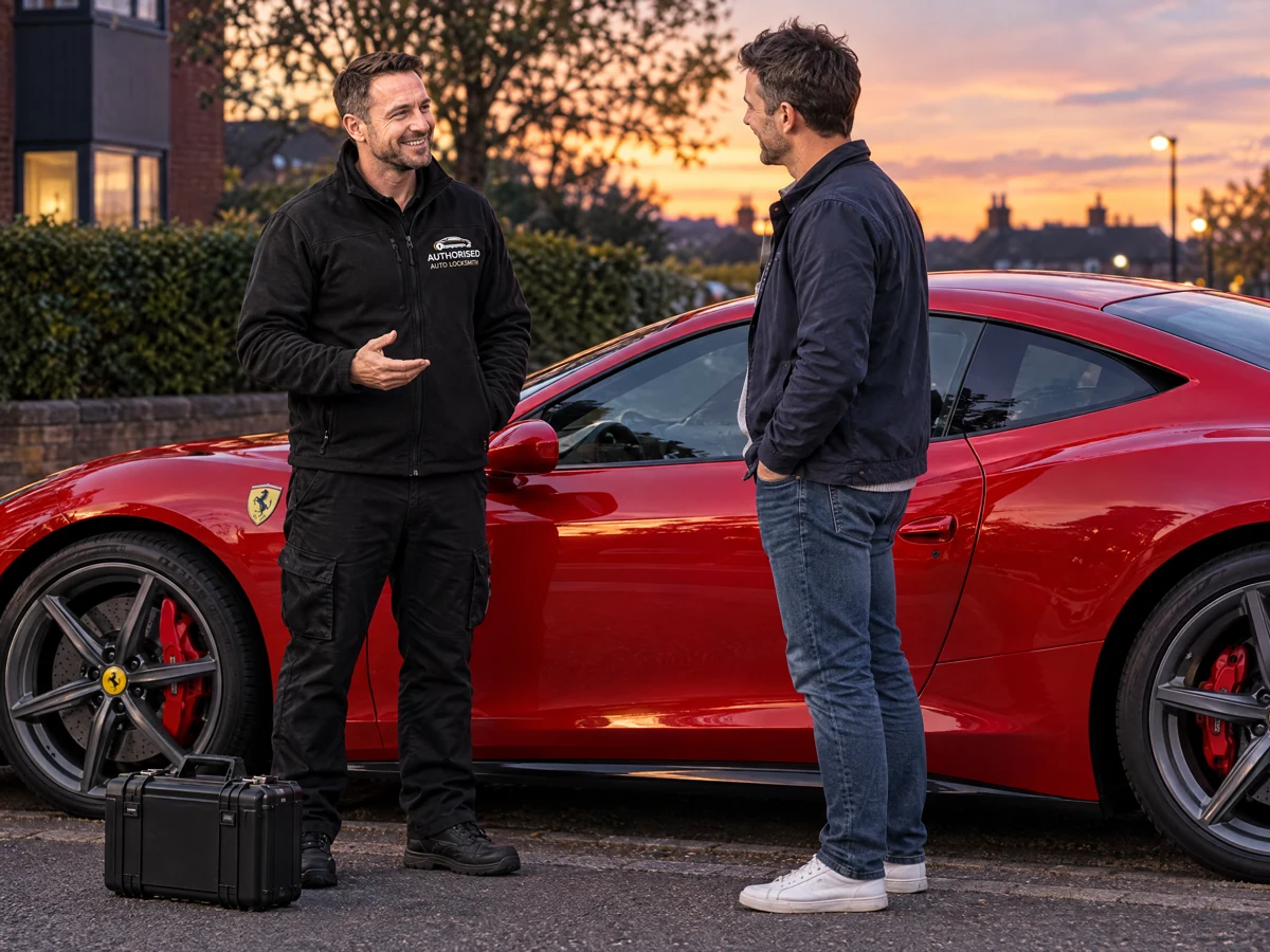 Auto locksmith unlocking a Ferrari without damage