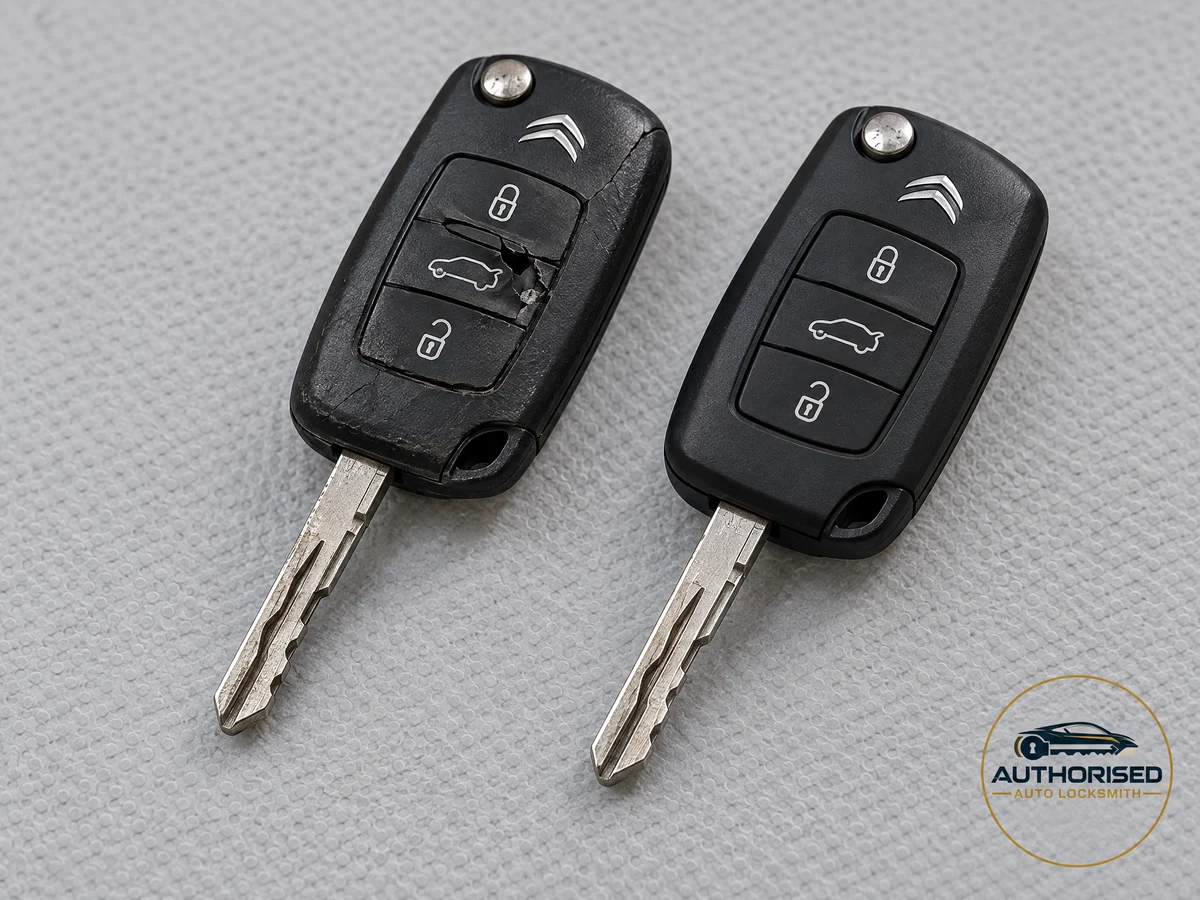 Damaged Citroën remote flip key next to its replacement