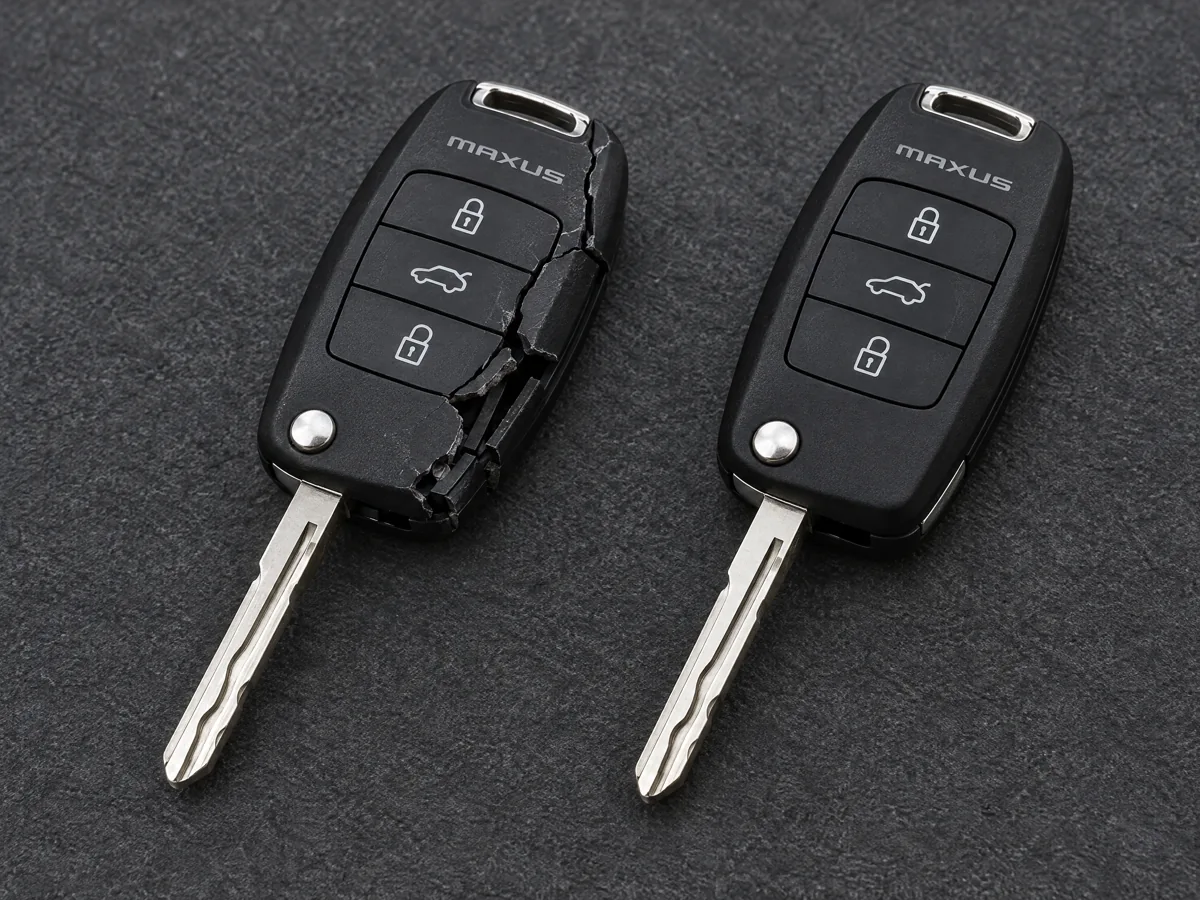 Damaged Maxus flip key next to its replacement