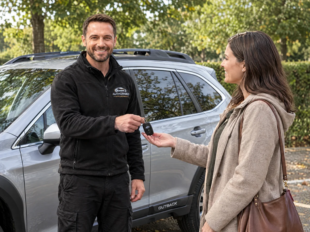Happy Subaru owner with a new key from Authorised Auto Locksmith