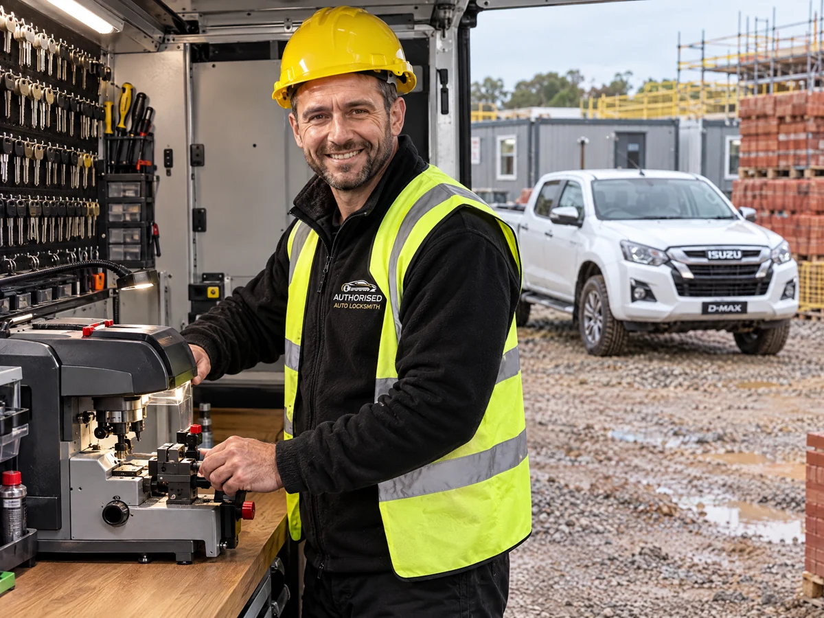 Isuzu D-Max pickup key cut at a building site