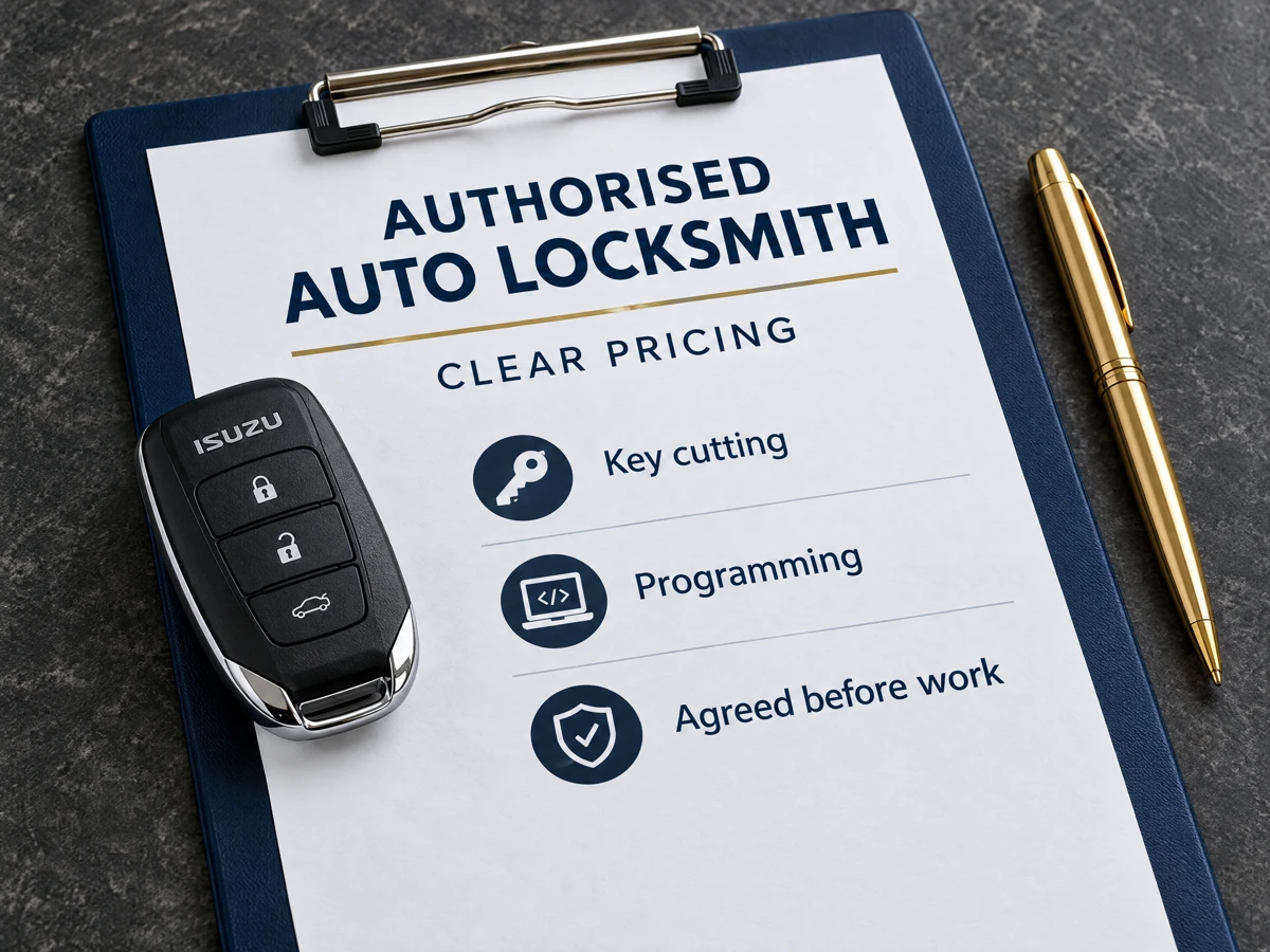 Isuzu replacement key and invoice with clear pricing