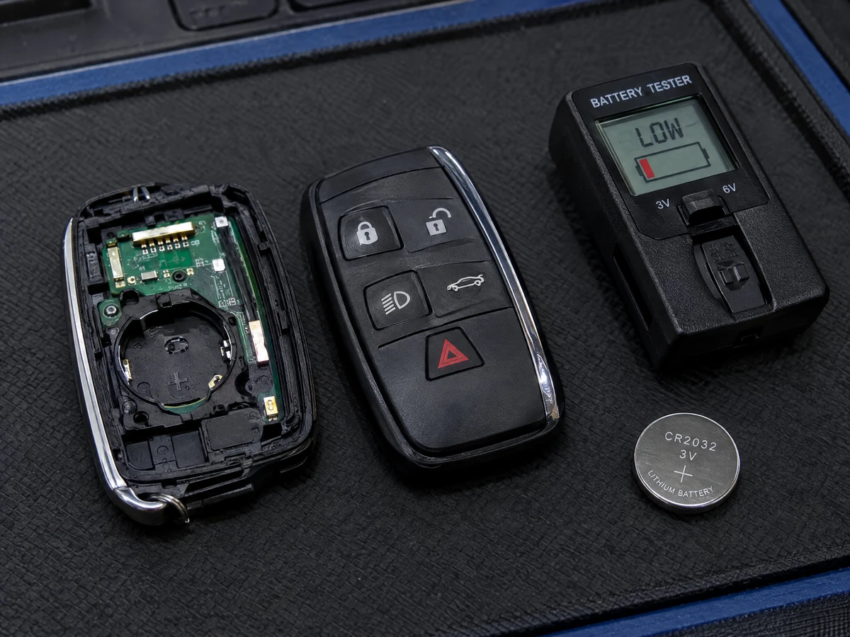 Jaguar smart key with a flat battery being tested