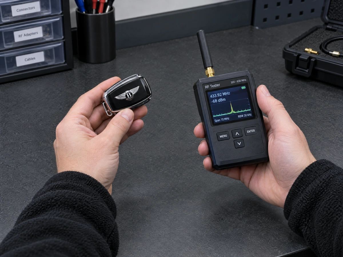 Mobile auto locksmith testing a Bentley remote fob
