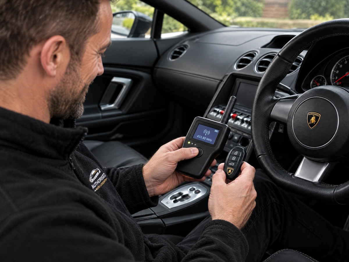 Mobile auto locksmith testing a Lamborghini remote fob
