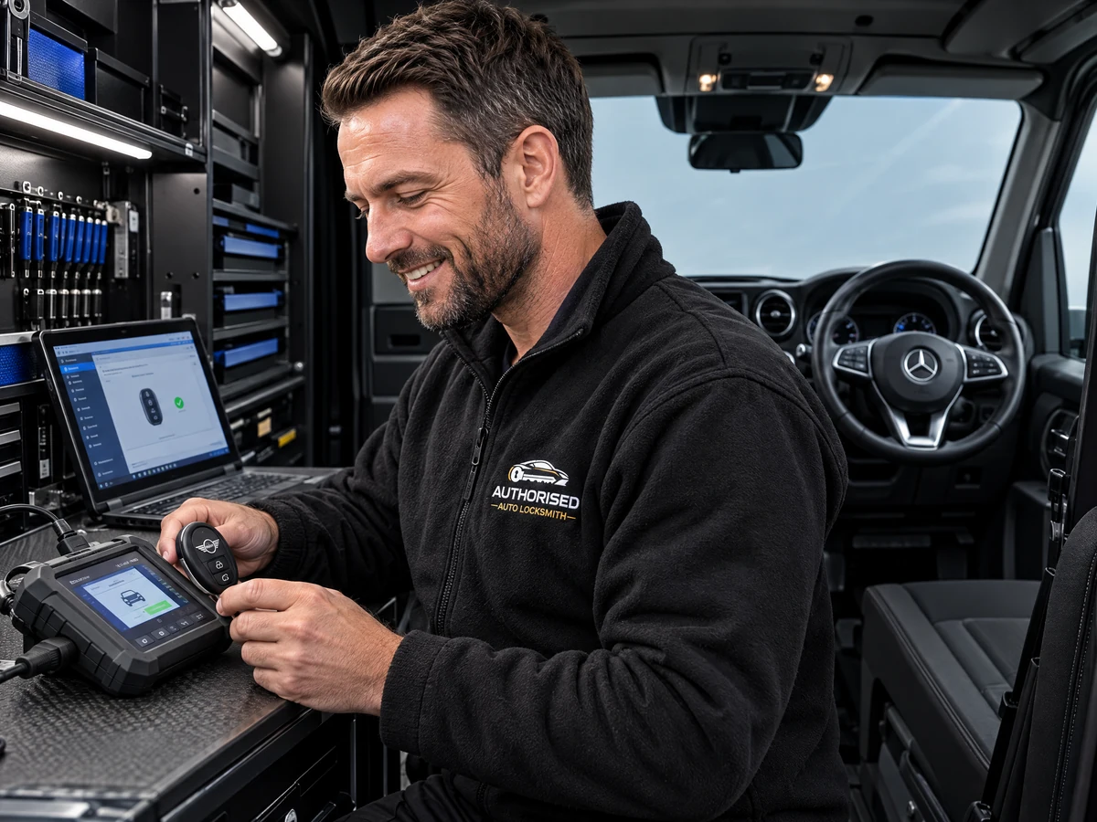 Mobile auto locksmith testing a Mini remote fob