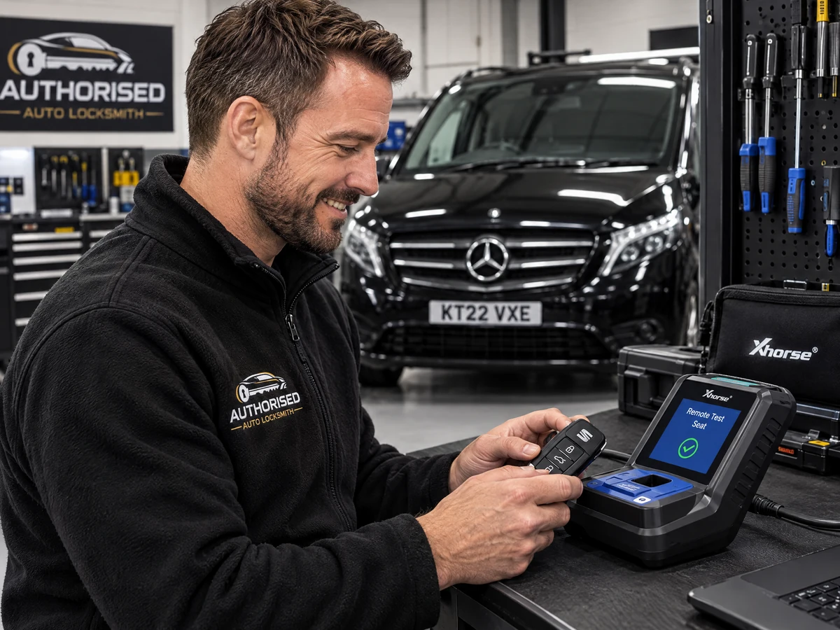 Mobile auto locksmith testing a Seat remote fob