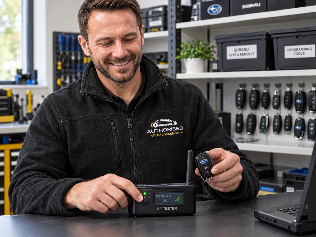 Mobile auto locksmith testing a Subaru remote fob