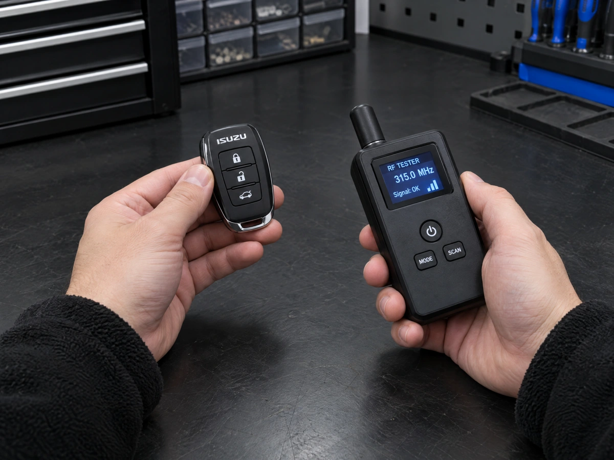 Mobile auto locksmith testing an Isuzu remote fob