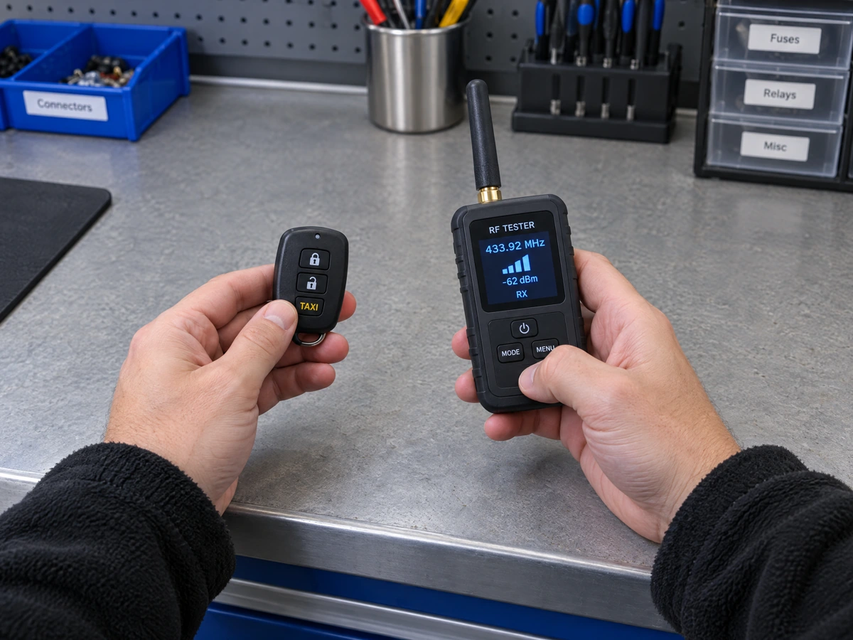 Mobile auto locksmith testing an LTI Taxi remote fob