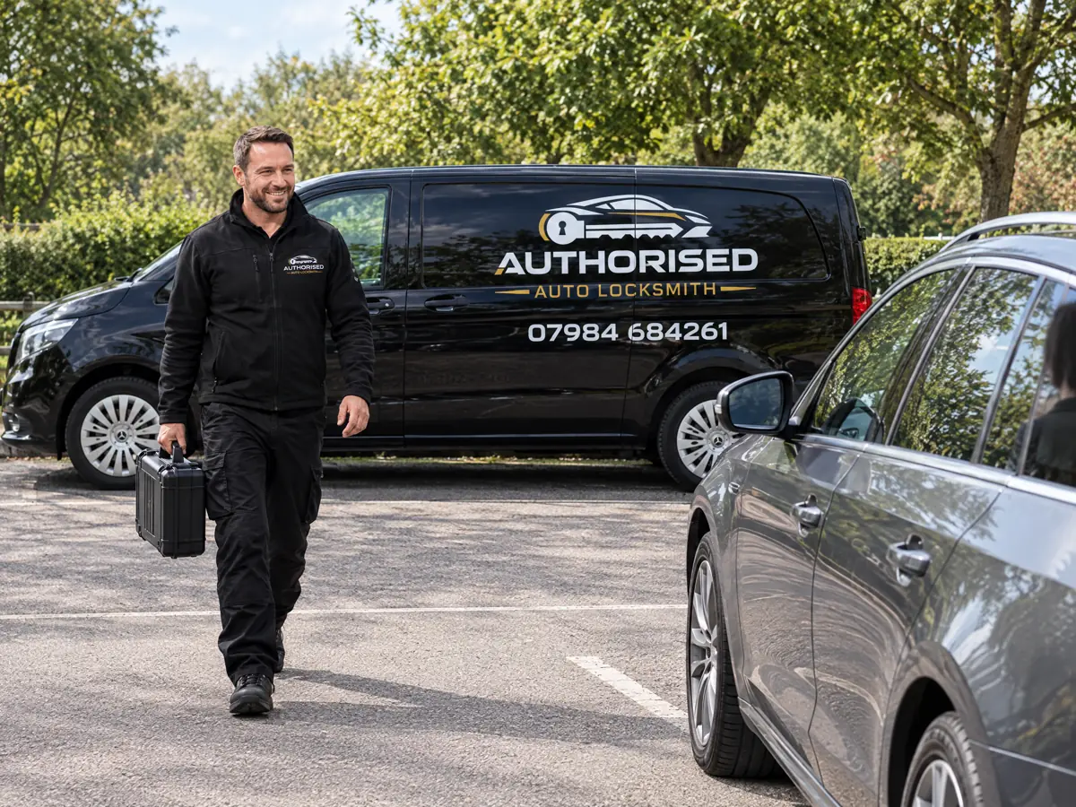Mobile auto locksmith van arriving for a car key replacement job in Essex