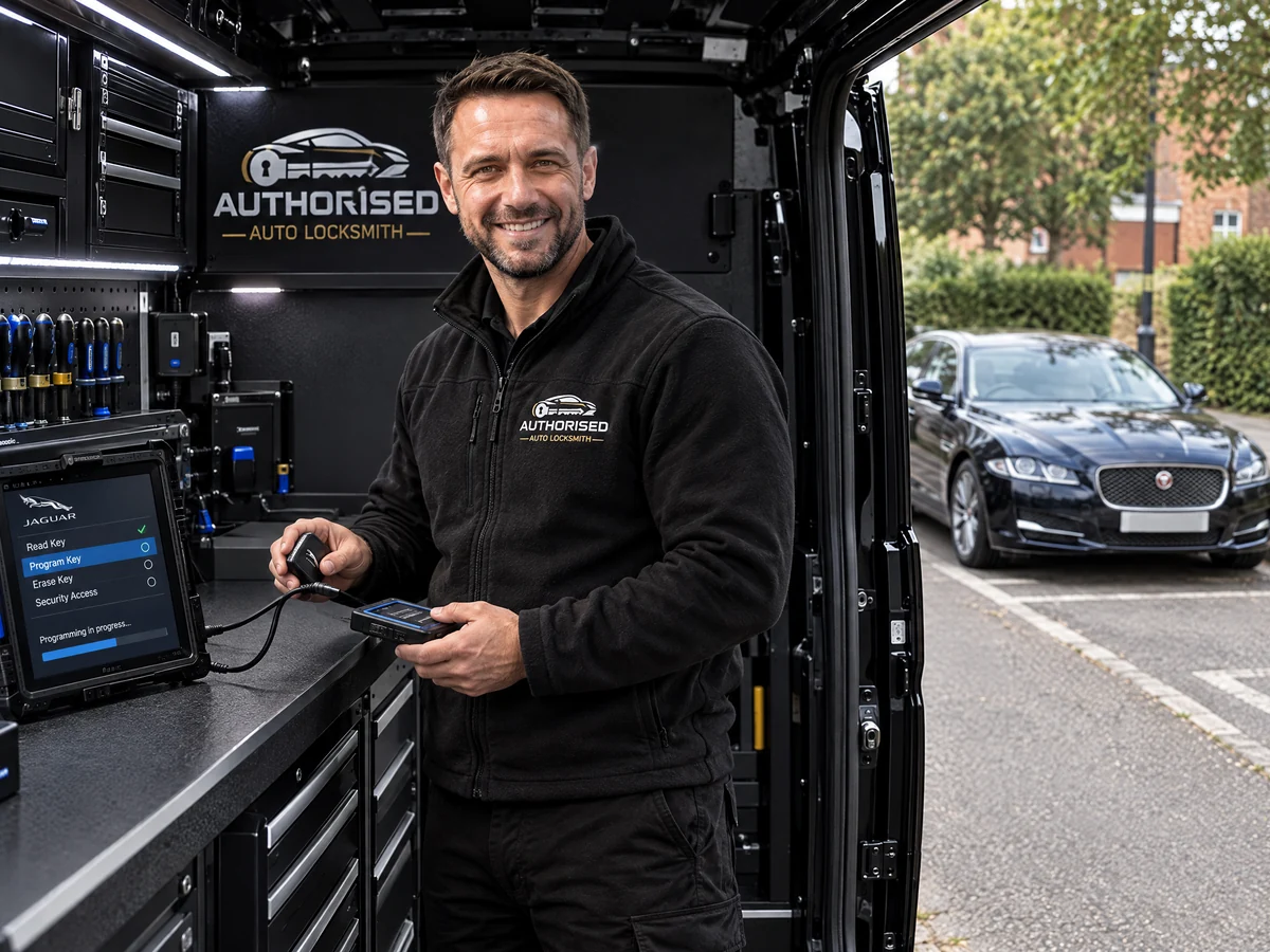 Mobile technician replacing a Jaguar car key at the roadside