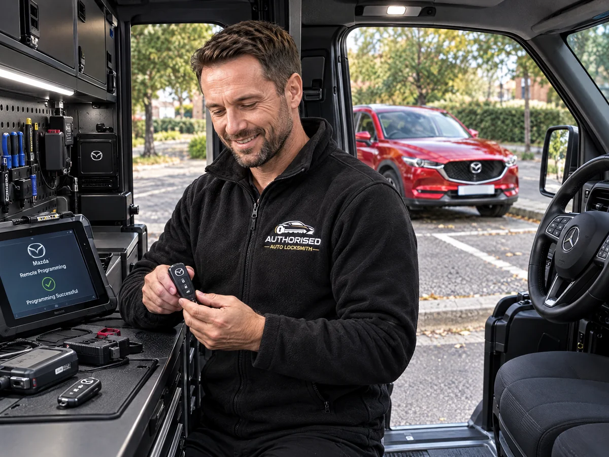 Mobile technician replacing a Mazda car key at the roadside