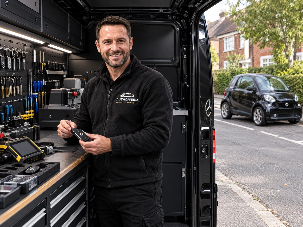 Mobile technician replacing a Smart car key at the roadside