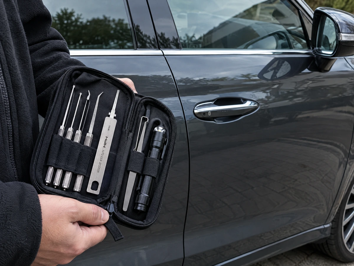 Non destructive entry tools used on a prestige car door