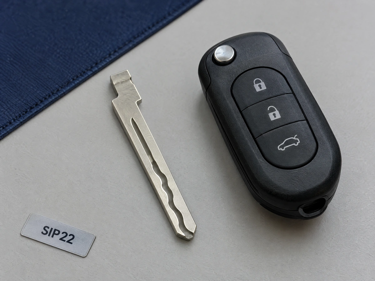 SIP22 key blank and Abarth flip key ready for cutting