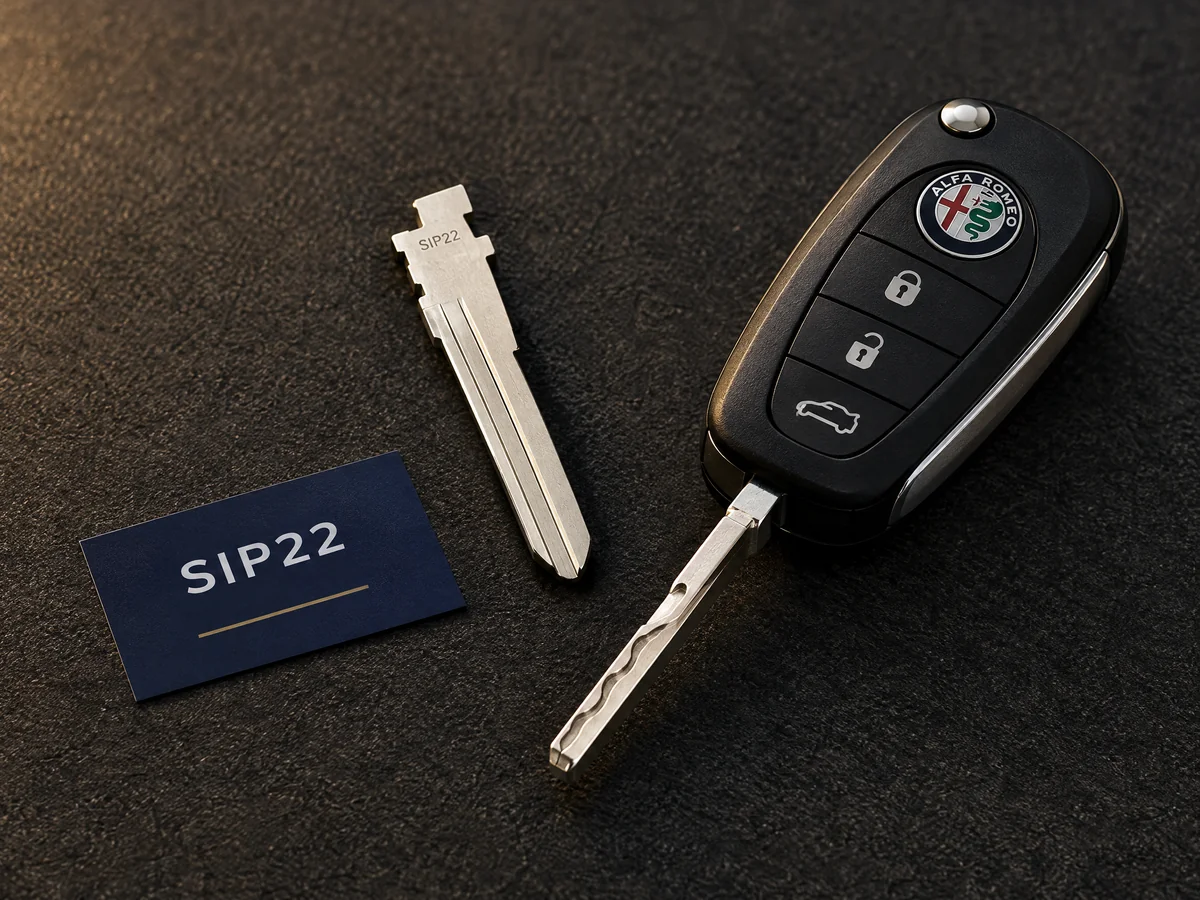 SIP22 key blank and Alfa Romeo flip key ready for cutting