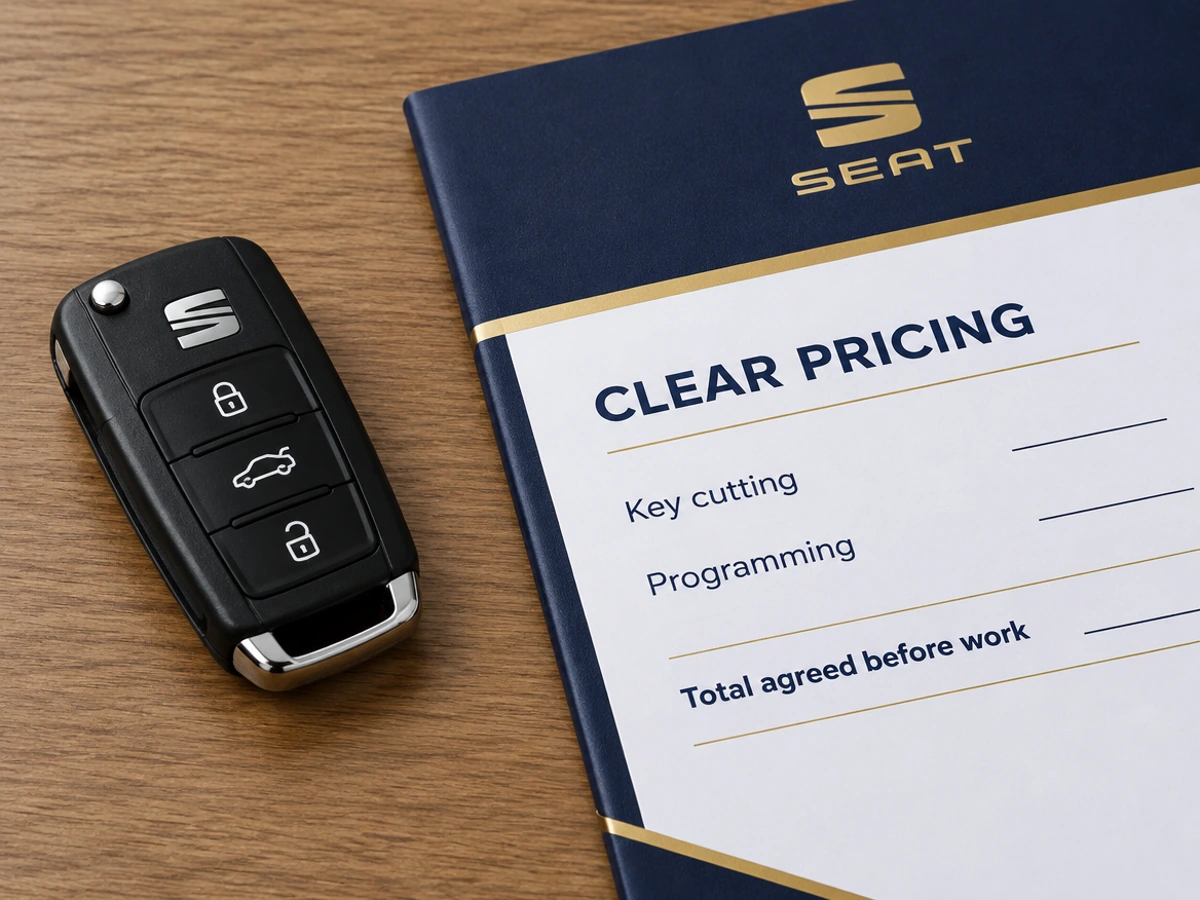 Seat replacement key and invoice with clear pricing