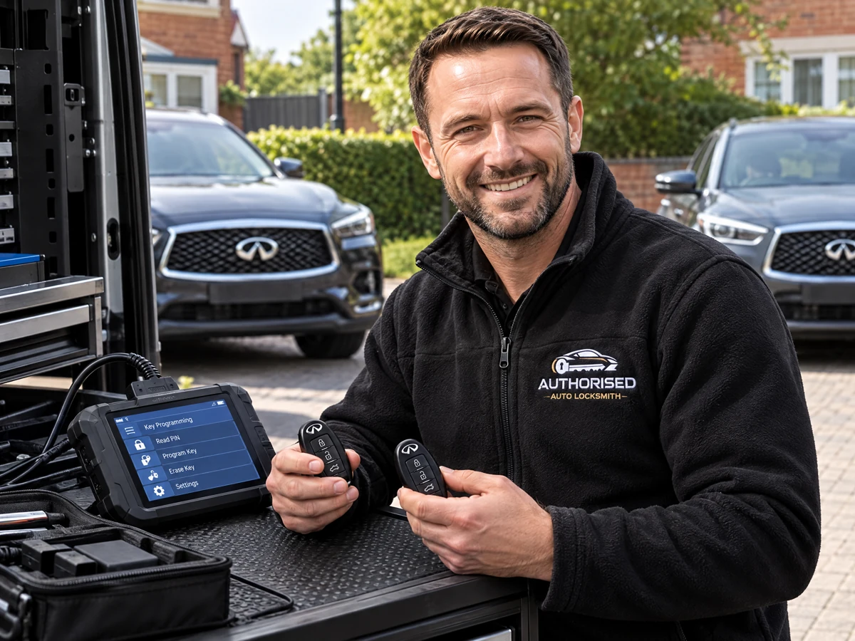 Specialist technician programming a duplicate Infiniti remote fob