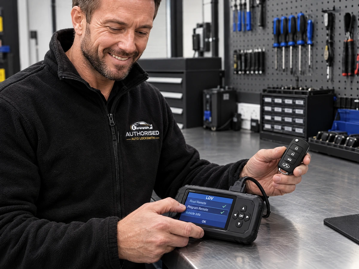 Specialist technician programming a duplicate LDV remote fob