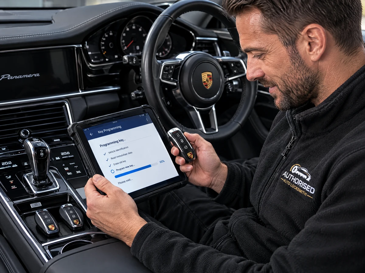 Specialist technician programming a duplicate Porsche remote fob