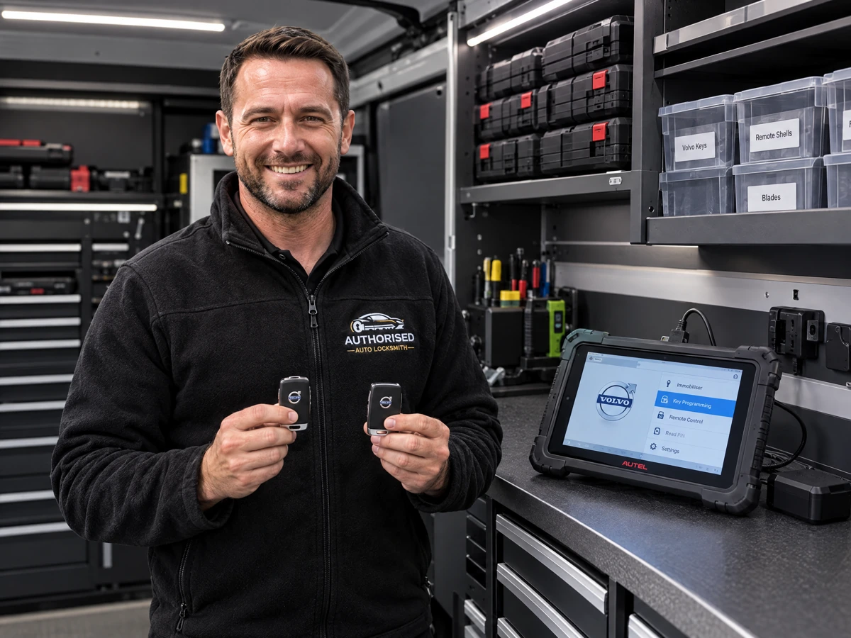 Specialist technician programming a duplicate Volvo remote fob