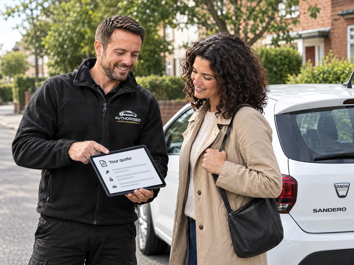 Technician explaining Dacia key costs to a customer