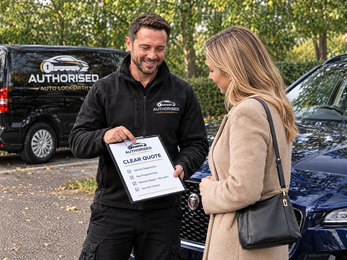 Technician explaining Jaguar key costs to a customer