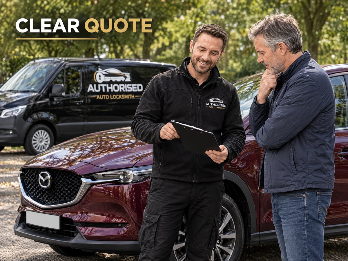 Technician explaining Mazda key costs to a customer
