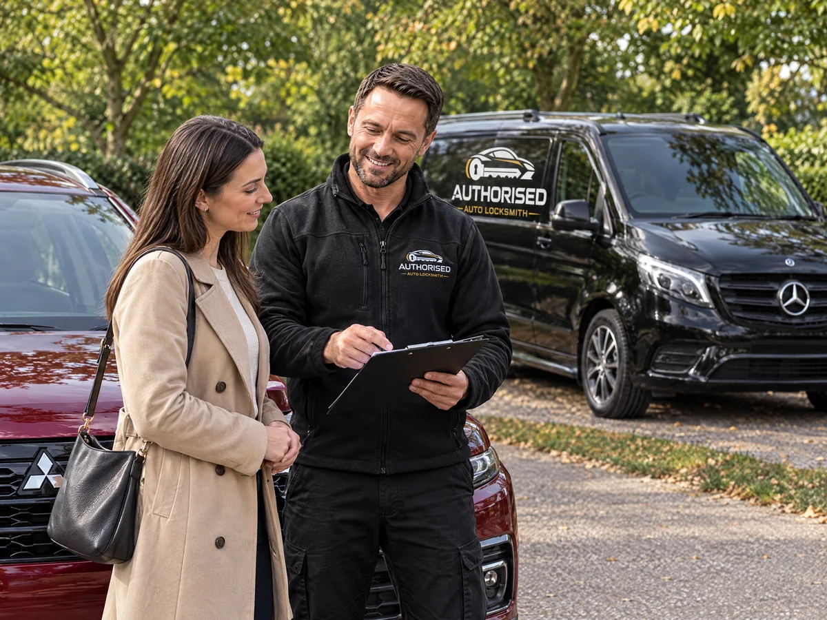 Technician explaining Mitsubishi key costs to a customer