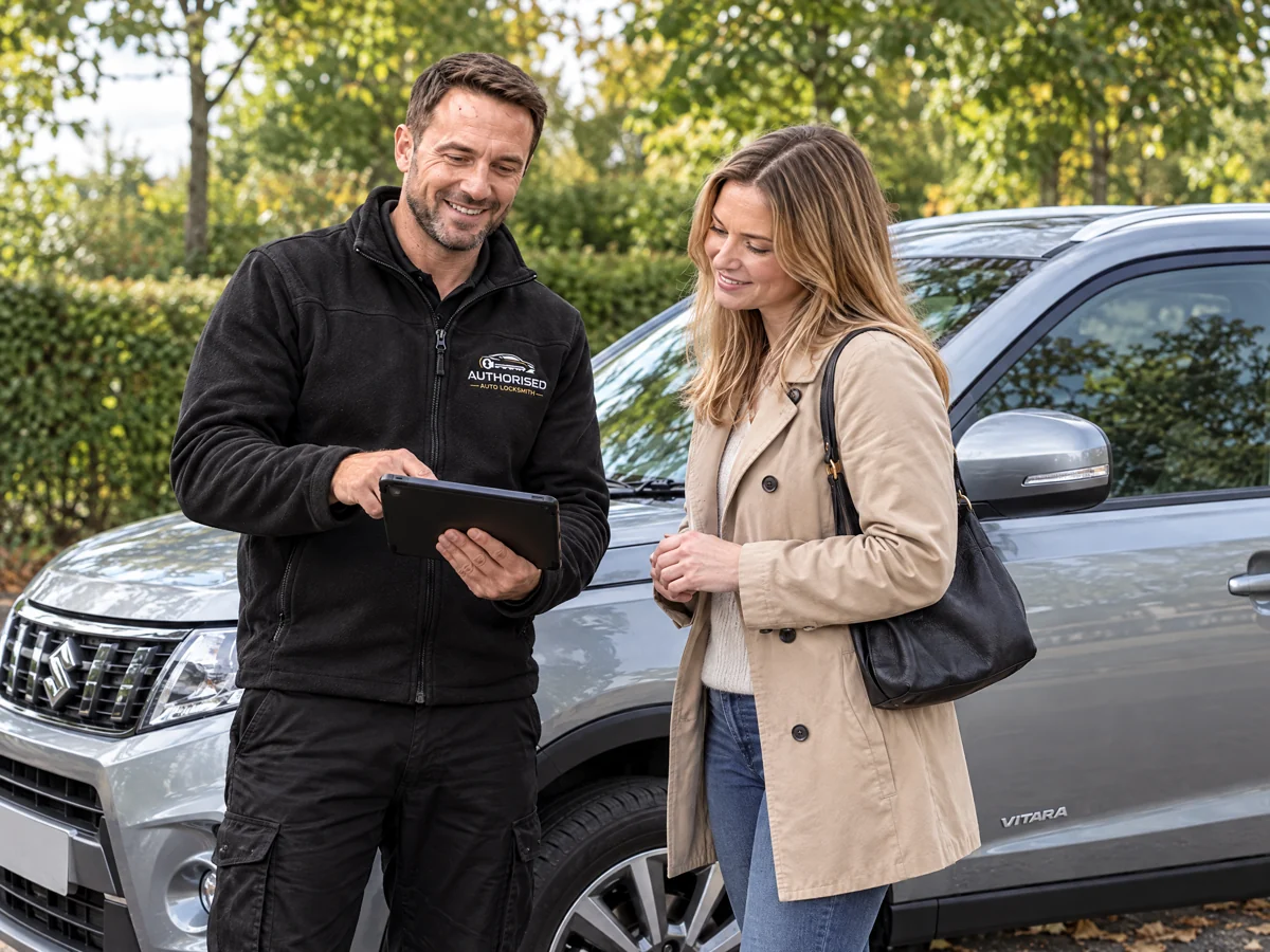 Technician explaining Suzuki key costs to a customer