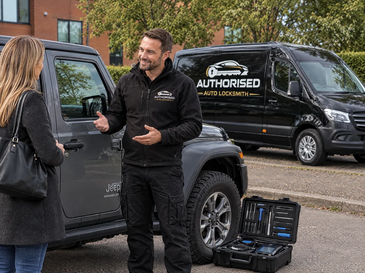 Technician gaining access to a locked Jeep with specialist tools