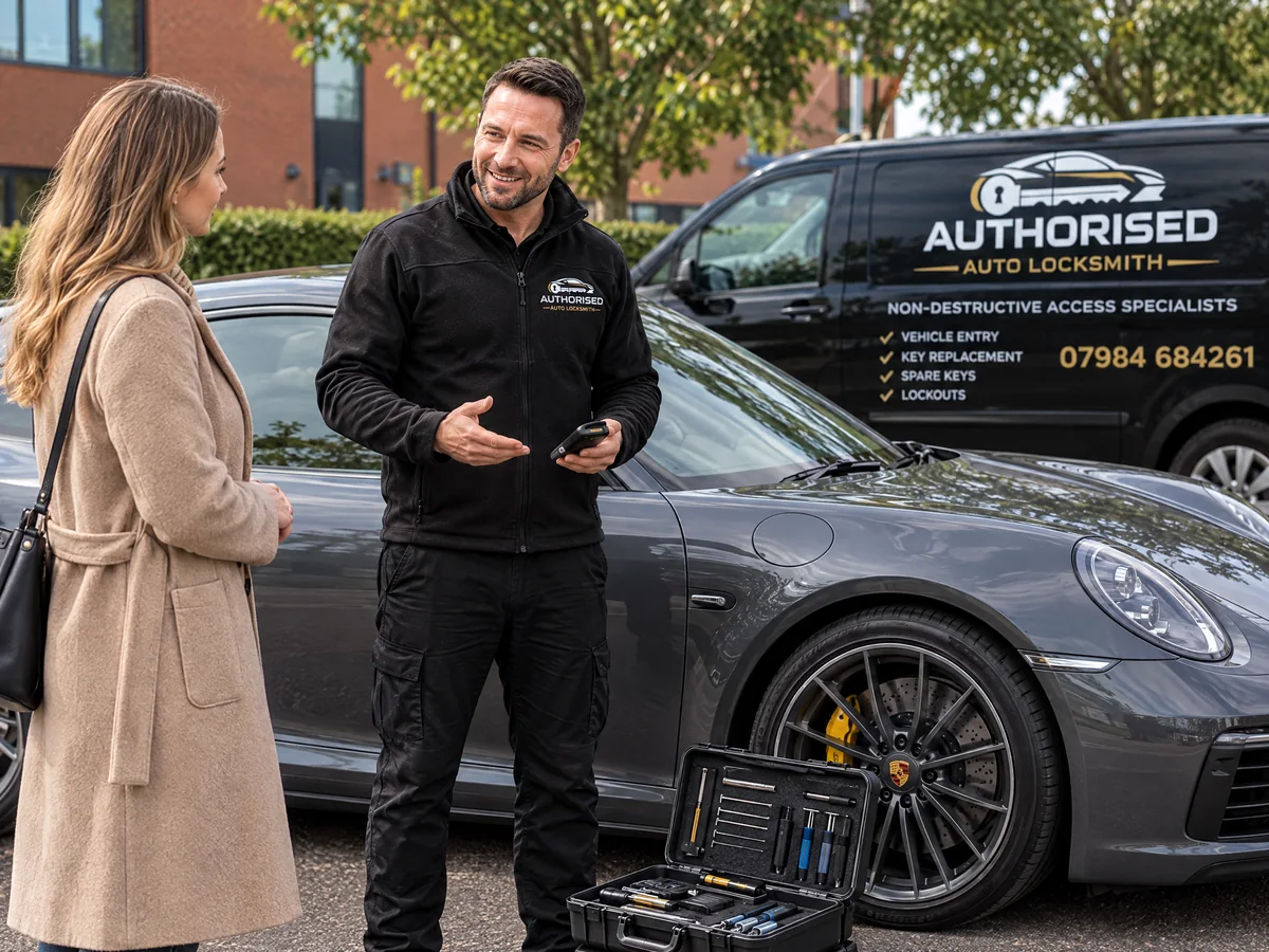 Technician gaining access to a locked Porsche with specialist tools