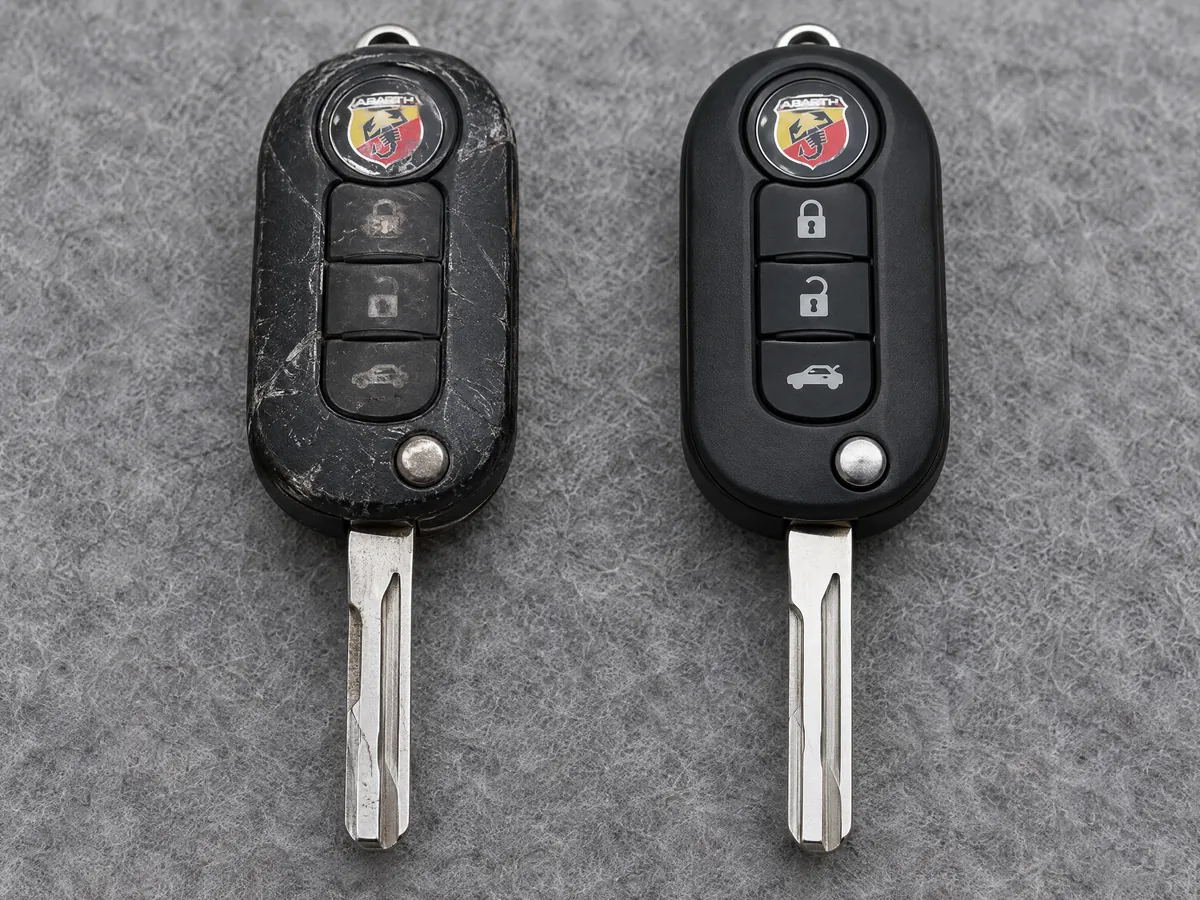 Worn Abarth flip key next to its replacement