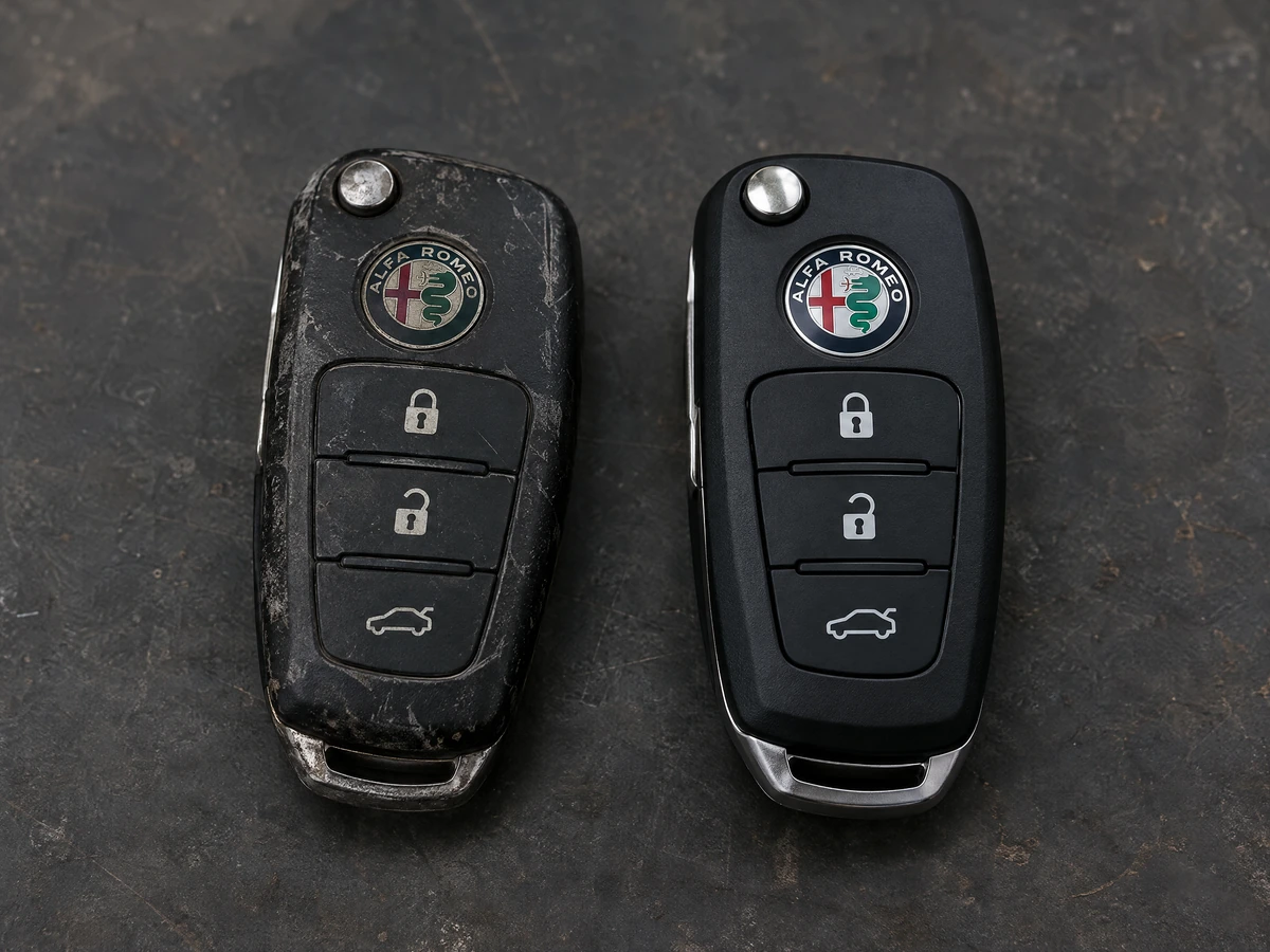 Worn Alfa Romeo flip key next to its replacement