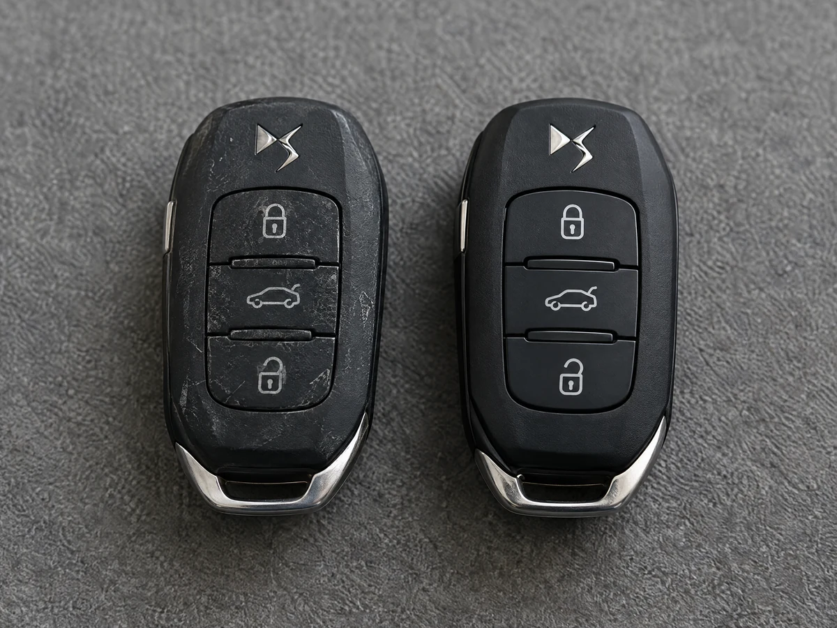 Worn DS flip key next to its replacement