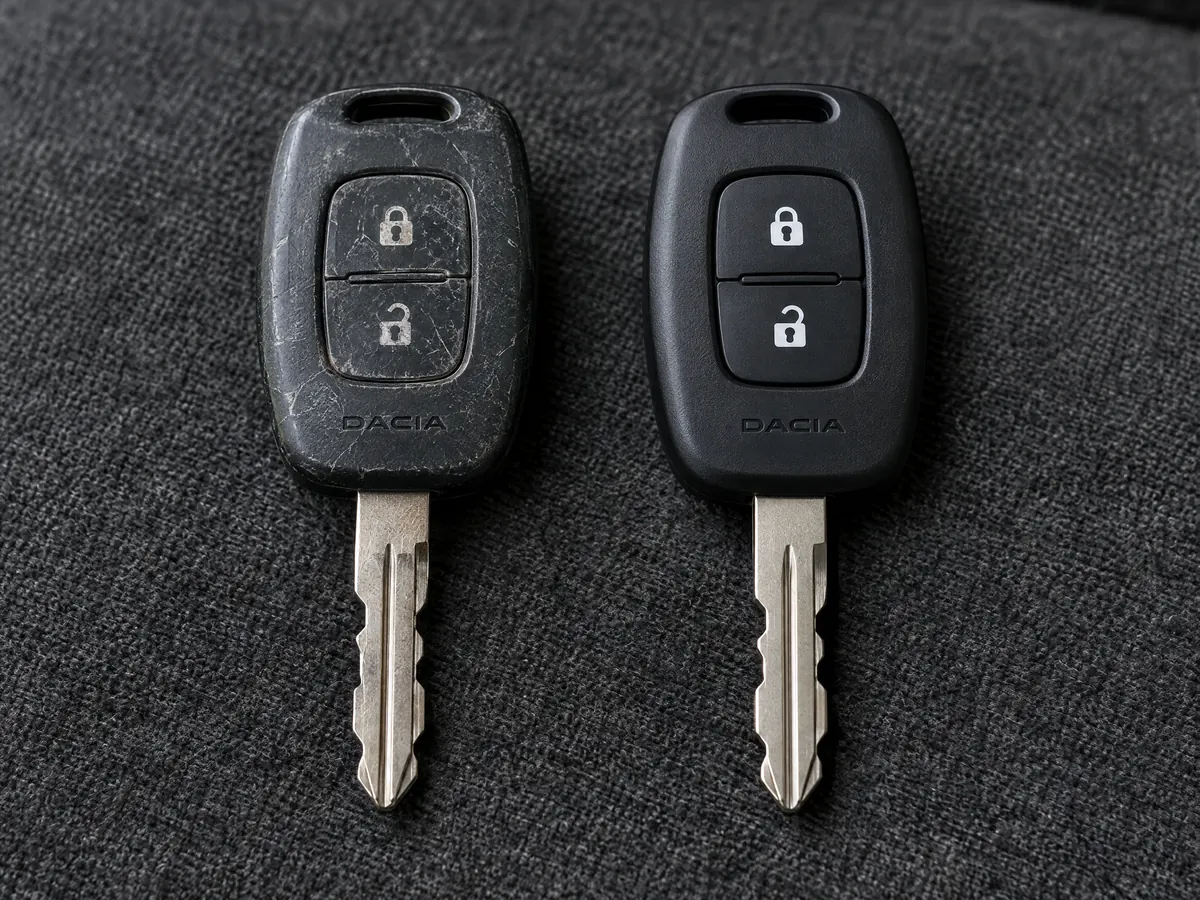 Worn Dacia remote key next to its replacement