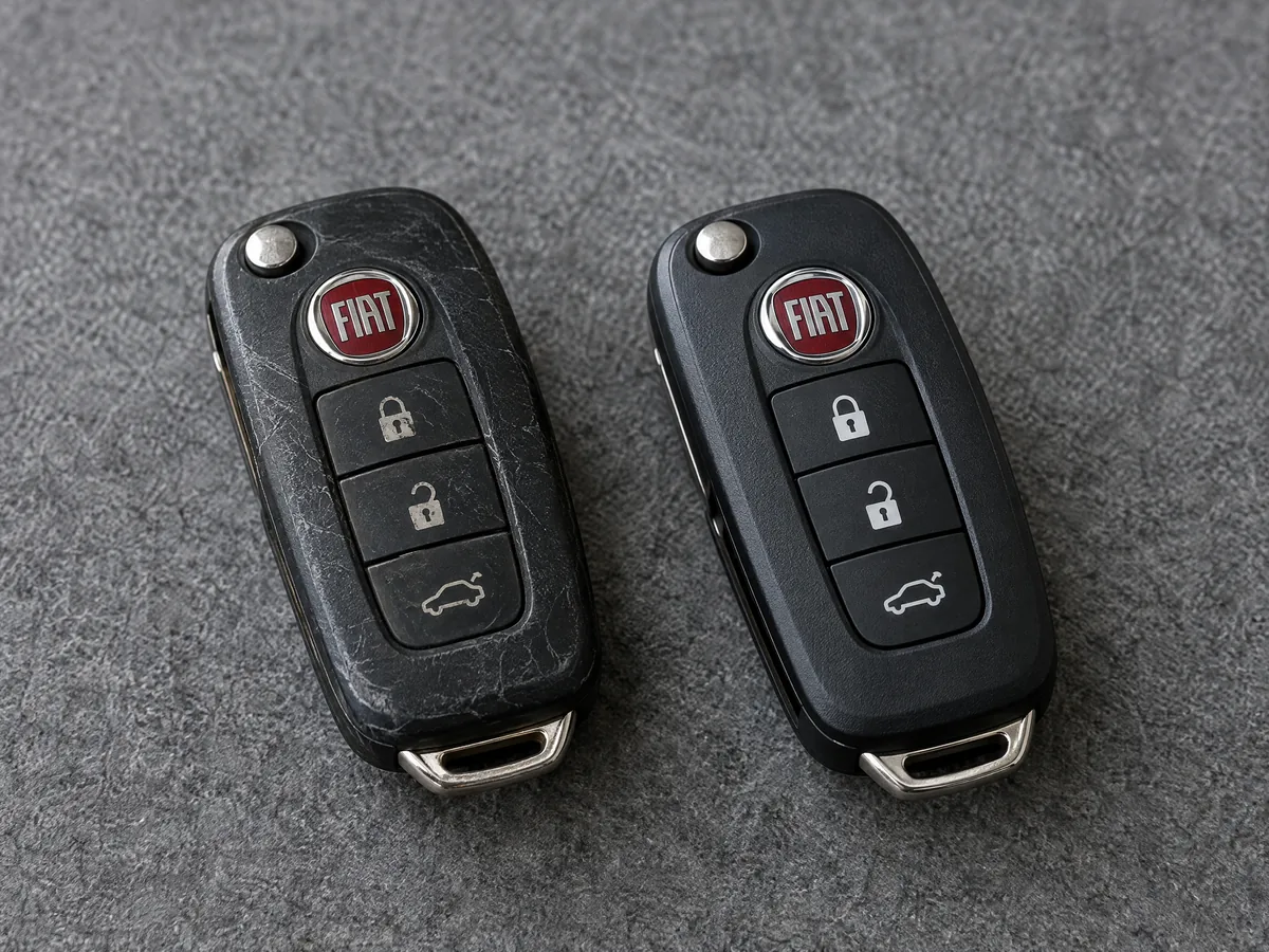 Worn Fiat flip key next to its replacement