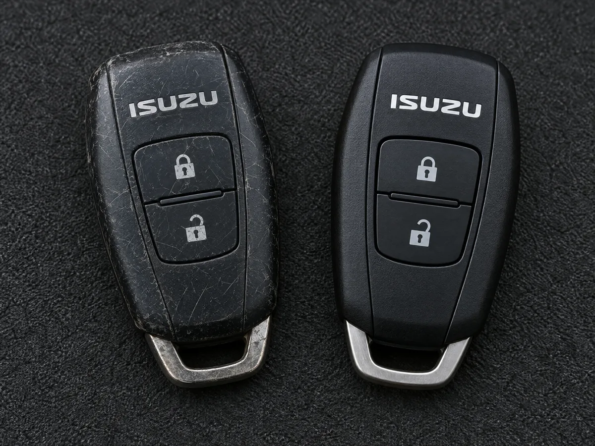 Worn Isuzu key next to its replacement
