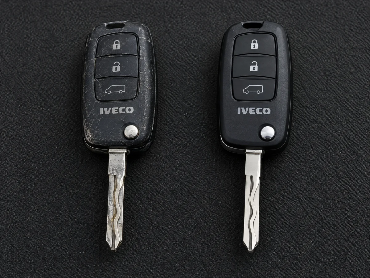 Worn Iveco Daily key next to its replacement